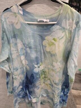 Floral Watercolor Scoop Neck Women's Top in Light Blue With Beading Crystals